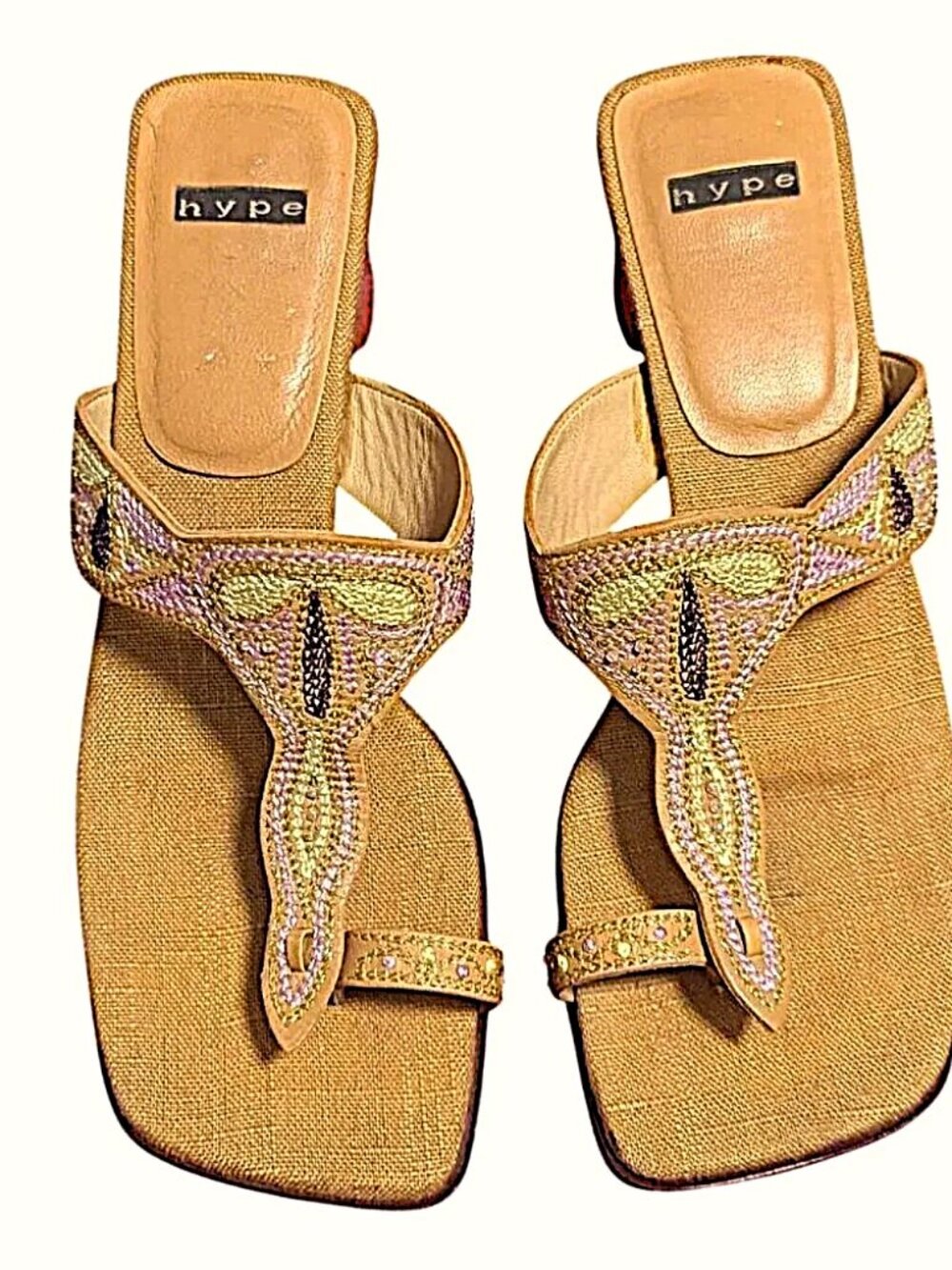 Hype Embroidered Heel Sandals Toe Thong Boho Chunky Block Size‎ 8.5 Slip On